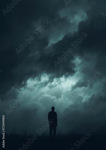 silhouette of a man walking in the storm