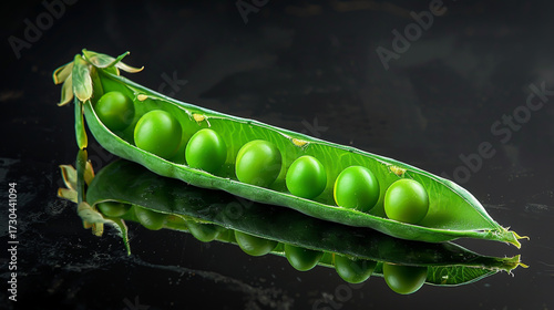 Peas on a reflective surface minimalist black background