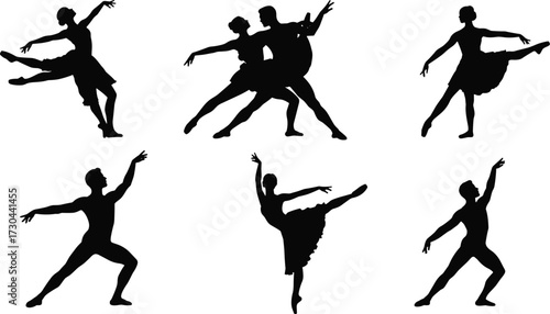 Black and white silhouettes of ballet dancers performing graceful movements, symbolizing elegance, harmony, and artistry.
