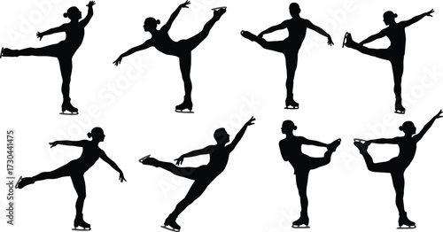 A collection of black and white silhouettes depicting figure skaters in various poses and movements on ice.
