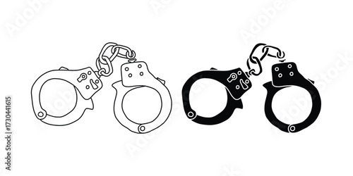Handcuffs Vector Outline and Solid Silhouette. Police Handcuffs Icon Set Editable Vector