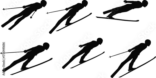A collection of black and white silhouettes depicting a ski jumper in various poses during flight.