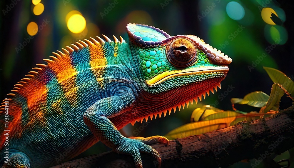Obraz premium Vibrant Chameleon Displaying Its Striking Natural Colors in a Lush Tropical Habitat with Soft Bokeh Background