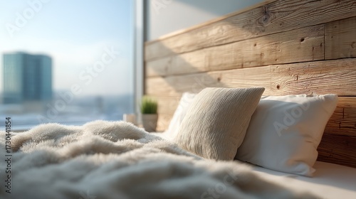 Cozy Modern Bedroom Interior Close-up with Natural Light and Wooden Headboard