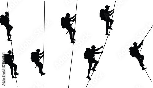  Black and white silhouette of a person climbing a rope, showing a sense of adventure and challenge.