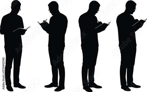 Black and white silhouette of students studying, reading books, and writing notes.