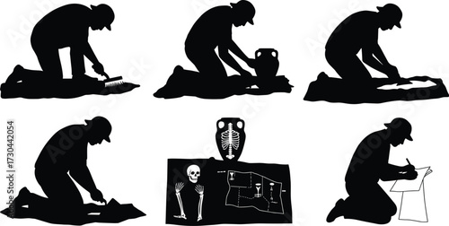 Black and white silhouette of archaeologist digging and studying ancient artifacts.