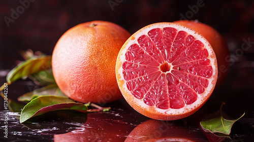Grapefruit on a reflective surface minimalist black background