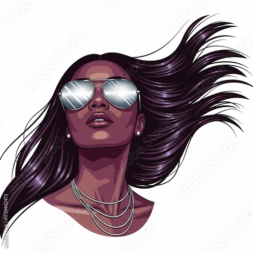 Vector illustration of a stylish woman with sunglasses, flowing hair, and jewelry.