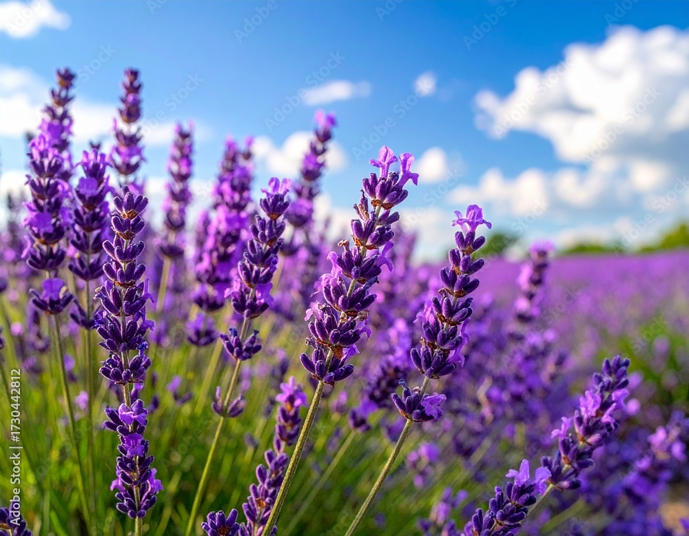 Naklejka premium Lavender field on a spring day with blue sky and white clouds, close up wallpaper