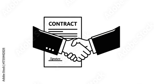 Contract handshake illustration with document, agreement, and signature.