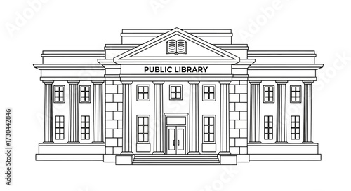 Illustration of a public library building with columns and windows.