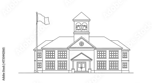 Line drawing of a school building with a flag.