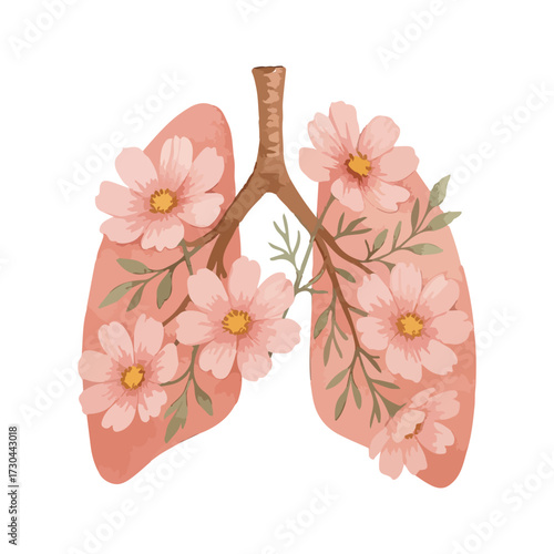 Watercolor Lungs with flowers Clipart: Floral Medical pulmonology Art