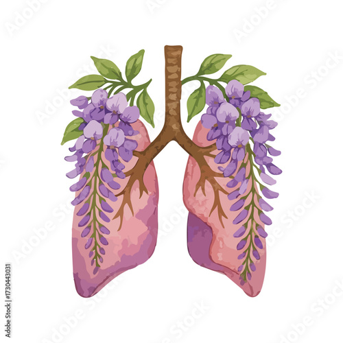 Watercolor Lungs with flowers Clipart: Floral Medical pulmonology Art