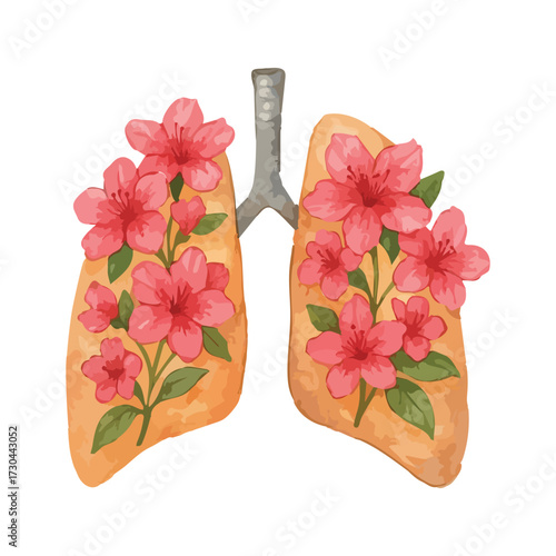 Watercolor Lungs with flowers Clipart: Floral Medical pulmonology Art