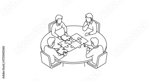 Four people working together to complete a jigsaw puzzle on a round table.