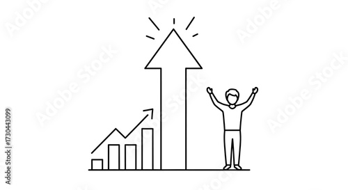 Line drawing of person celebrating success with upward trending graph and arrow.