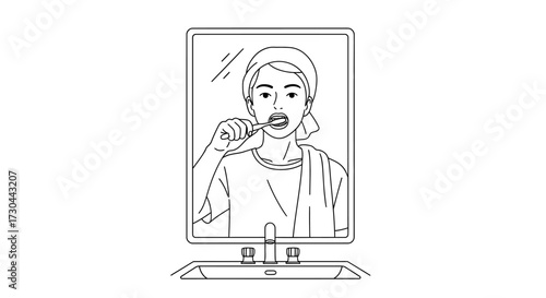 Woman brushing teeth in front of mirror in bathroom.
