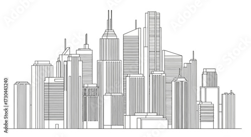 Monochrome skyline illustration featuring various skyscrapers and buildings.