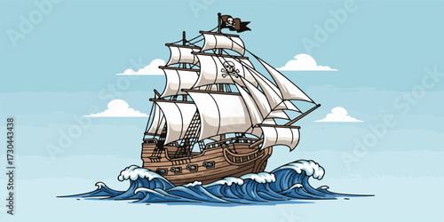Pirate ship illustration with sails and ocean waves