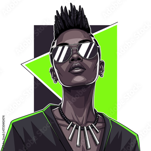Stylized portrait of a confident Black person with a mohawk hairstyle, wearing sunglasses and a statement necklace, set against a geometric green and black background.