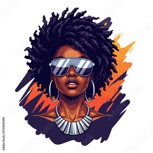 Vibrant illustration of a stylish Black woman with an afro hairstyle, cool reflective sunglasses, and bold jewelry.
