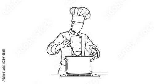 Chef stirring a pot on the stove, wearing a chef's hat and uniform.