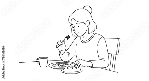 Illustration of a woman eating breakfast at a table with bread and eggs.