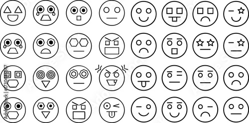 A diverse collection of minimalistic line art emoticons illustrating a wide range of human emotions and expressions, perfect for digital communication and interface design concepts