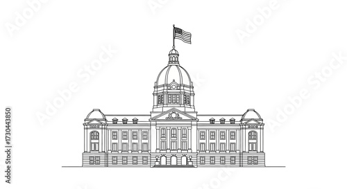 Detailed line drawing of the Georgia State Capitol building with flag on top.