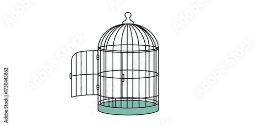 Digital illustration of an open bird cage designed with simple clean lines and solid colors