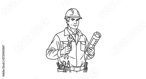 Illustration of a construction worker holding a wrench and blueprints.