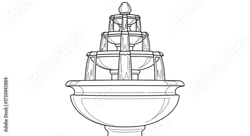 Detailed line drawing of a tiered fountain with water flowing from each level.