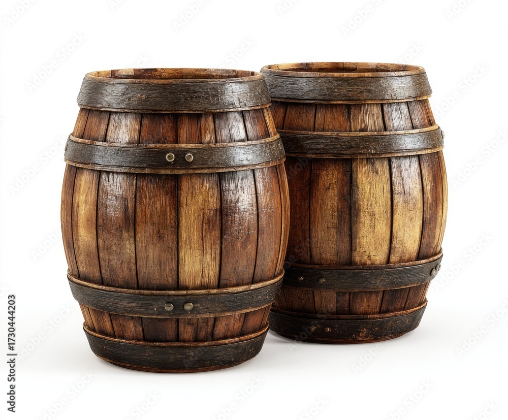 Fototapeta premium Two weathered wooden barrels isolated on a white background