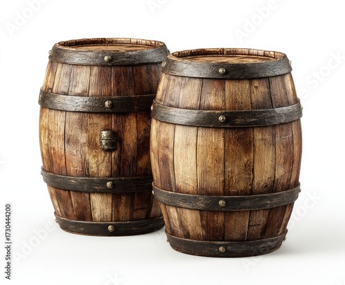 Two rustic wooden barrels isolated against a white background