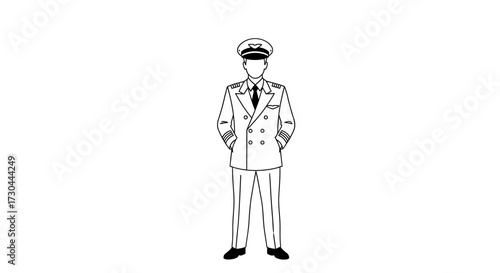 Illustration of a man in a uniform with a hat and double-breasted jacket.
