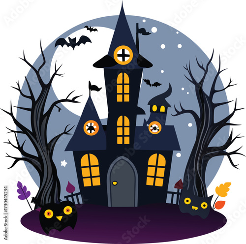 Haunted Castle with Spooky Trees and Flying Bats Illustration