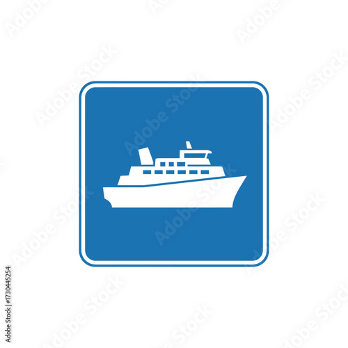 Ferry boat symbol indicates water transport on blue square sign, providing directions for travelers with clear maritime guidance.