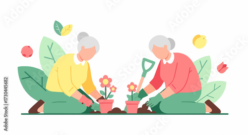 Two elderly women happily planting flowers in pots, surrounded by lush green leaves and colorful blossoms, symbolizing gardening and leisure.