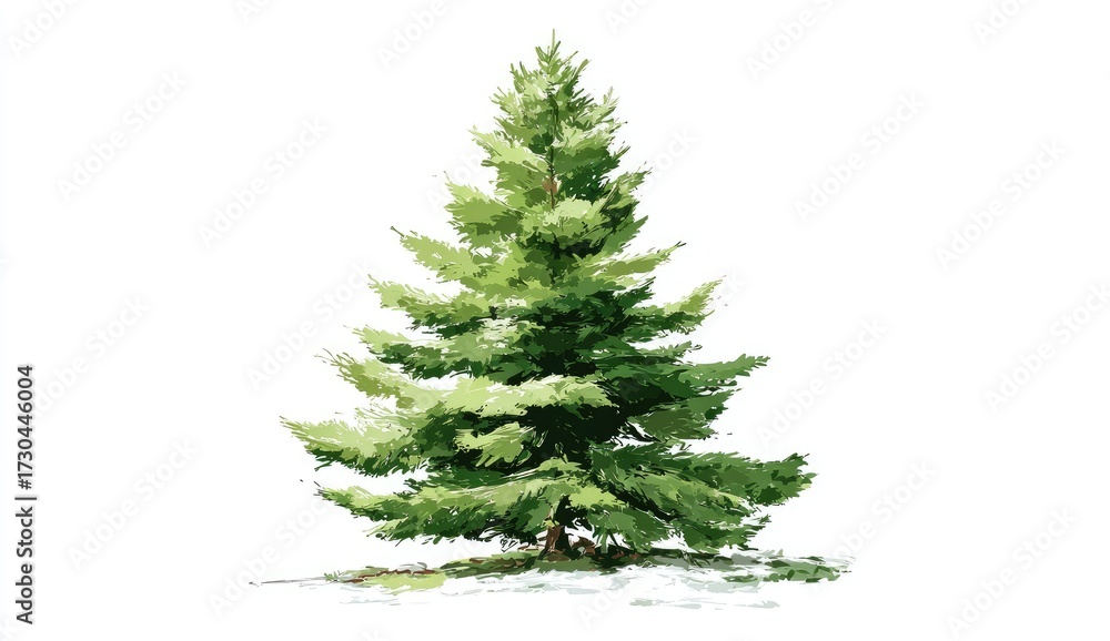 Obraz premium Watercolor illustration of a lush green pine tree against white background