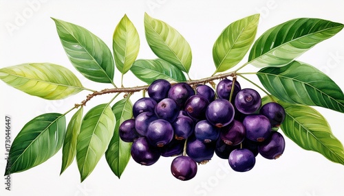 detailed watercolor painting of an acai berry branch with vibrant green leaves and ripe berries isolated on a white background