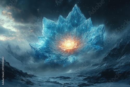 Large blue flower amidst snowy mountain.