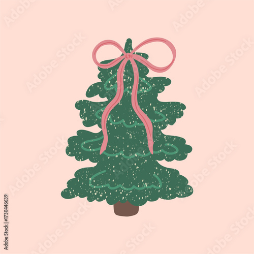 Christmas tree. Cute hand-drawn illustration. Green tree with snowflakes and a pink bow. Retro, vintage style.