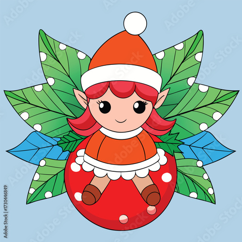 Cute red haired elf girl sits upon a vibrant red ornament with transparent background