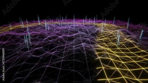 The camera moves along an abstract colorful digital landscape with lines and mesh structures