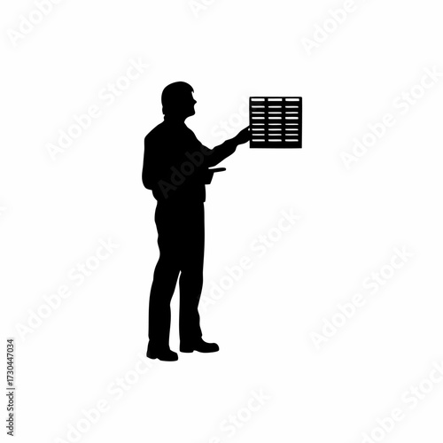 Cloud engineer silhouette pointing at server rack isolated on white background