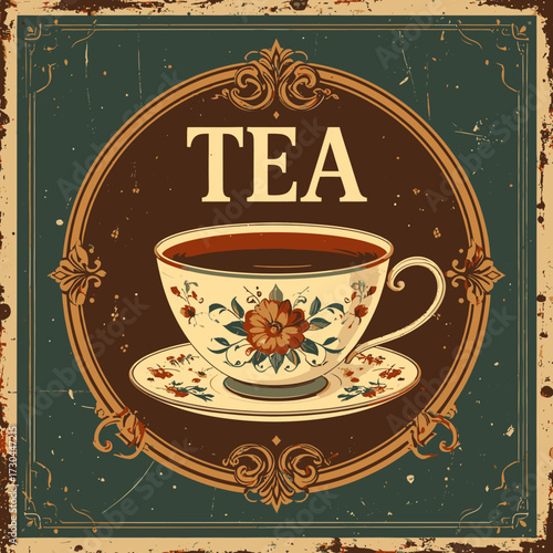 Retro Vintage Tea Poster with Classic Cup
Illustration of a retro vintage style tea promotion poster.