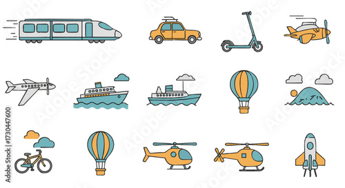 Comprehensive set of diverse transportation icons illustrating various modes of travel including land, sea, and air vehicles, perfect for web, app, and infographic design projects