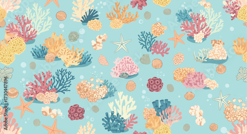 A vibrant underwater scene with diverse coral formations and starfish.